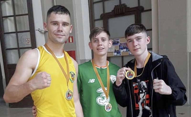 Gerard French, Jack O&#39;Neill and JP Hale with the gold medals won in Barcelona at the weekend 
