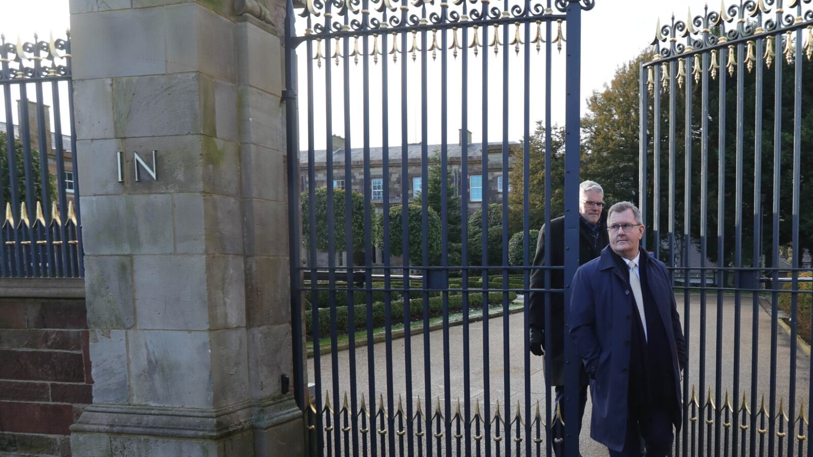 DUP leader Jeffrey Donaldson and deputy leader Gavin Robinson emerge from Hillsborough Castle following Monday's talks with Chris Heaton-Harris. PICTURE: COLM LENAGHAN