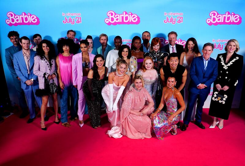 The Barbie cast pose for a group photo as they attend the European premiere
