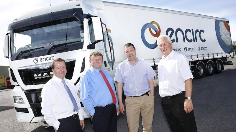 From left, Mark Cuskeran, managing director SDC Trailers, Brian Beattie, Sales Manager for MAN Truck &amp; Bus UK, John McNally, Logisitics Manager for Encirc and Donal Rice, managing director RK Trucks Centre   