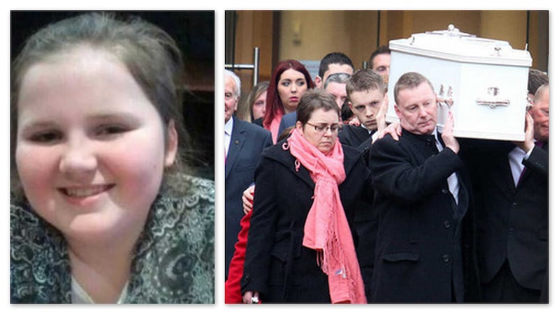 &nbsp;Tragic Caoimhe McCullough (left) and her funeral procession (right) at Holy Family Church