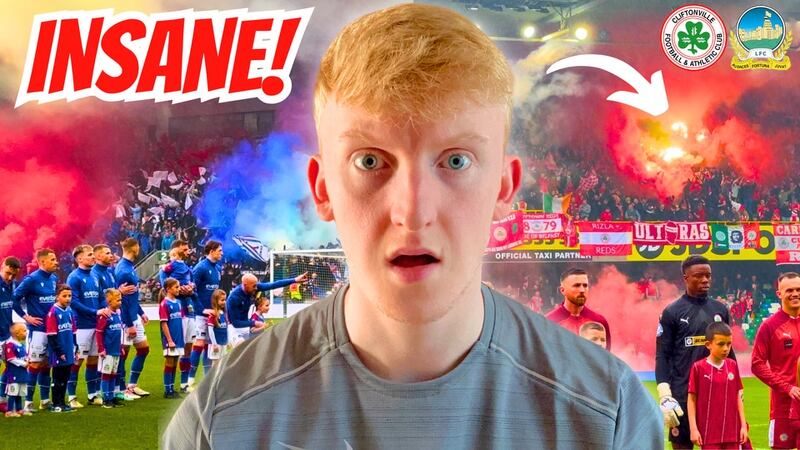 Blair McNally YouTube thumbnail with the Irish Cup final in the background