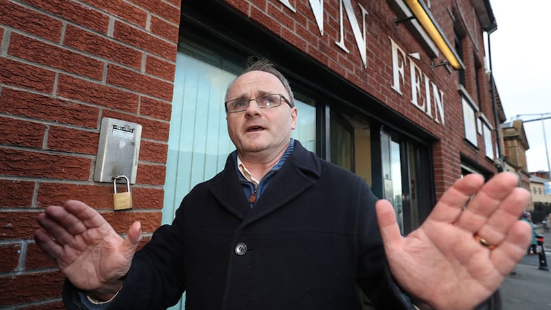 West Tyrone MP Barry McElduff leaving Sinn Fein's headquarters on the Falls Road in Belfast following his suspension from all party activity for three months after he posted a social media video of him with a loaf of Kingsmill bread on his head on the anniversary of the Kingsmill massacre&nbsp;