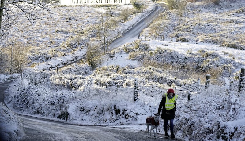 A woman walks her dog in the snow at Manor Kilbride in County Wicklow, Ireland. Picture: PA, December 12. 