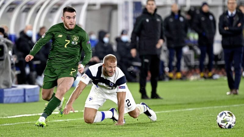 Republic of Ireland forward Aaron Connolly and Finland&#39;s Paulus Arajuuri battle for the ball during last night&#39;s National League clash in Helsinki. Picture by PA 
