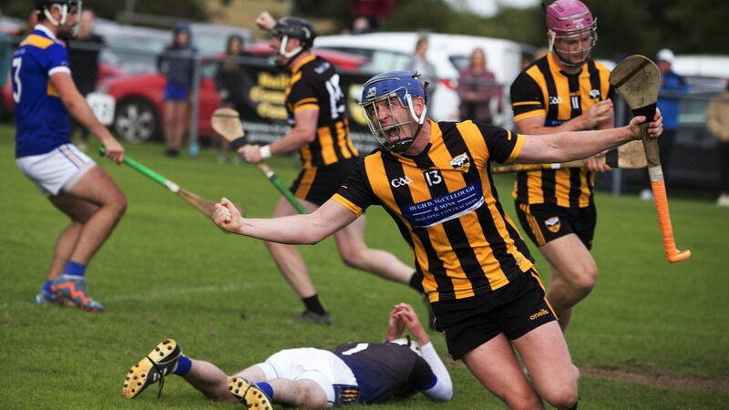 Paul Sheehan celebrates after slotting past Portaferry 'keeper Peace Smyth during Sunday's Down SHC clash. Picture by Seamus Loughran