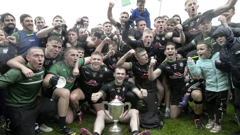 Cargin celebrate winning the Antrim Senior Football Championship title at Corrigan Park last year. Picture by Hugh Russell.
