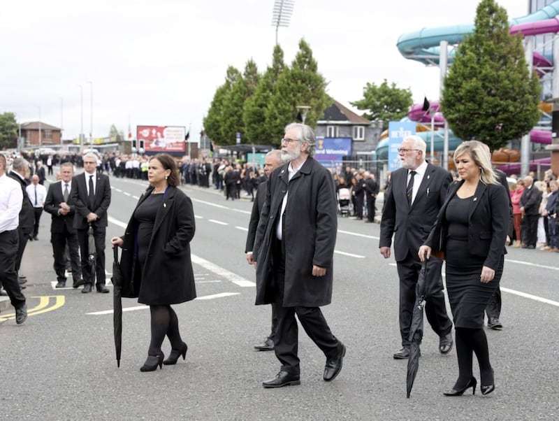 Sinn Fein president Mary Lou McDonald, former leader Gerry Adams and Deputy First Minister Michelle O&#39;Neill at the funeral of Bobby Storey. Picture by Pacemaker Press 