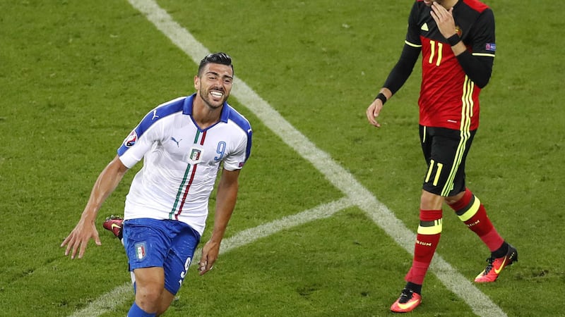 Italy's Graziano Pelle celebrates scoring the second goal in Monday's Group E win over Belgium at the Grand Stade in Decines-Charpieu, near Lyon.&nbsp;Picture by AP&nbsp;