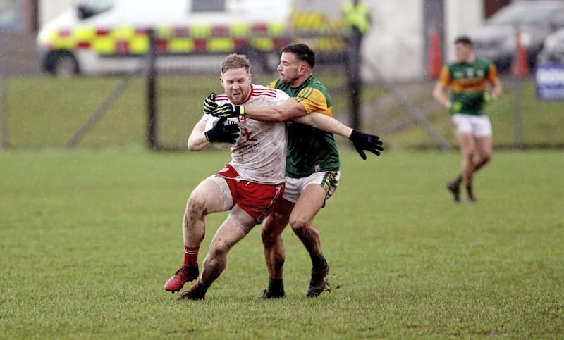 Tyrone&#39;s Frank Burns attempts to shrug off Kerry&#39;s Michael Burns in the Allianz Football League Division 1 game at Healy Park, Omagh on February 9 2020. Picture by Seamus Loughran. 