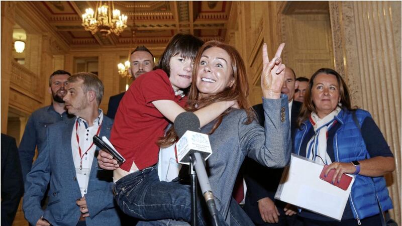 Billy Caldwell and his mother Charlotte at Stormont yesterday Picture by Hugh Russell. 