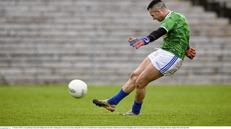 Cavan goalkeeper Raymond Galligan kicks his side&#39;s winning point against Monaghan on Saturday 