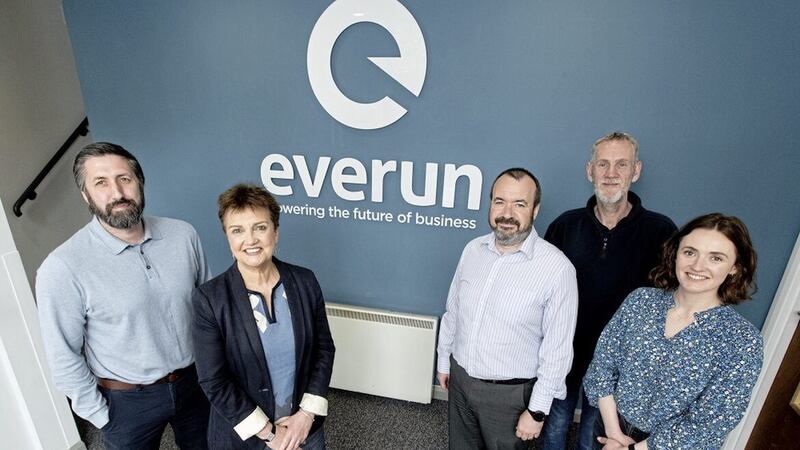 Announcing the investment by Everun to double its workforce are (from left) Grainne McVeigh, director of advanced manufacturing &amp; engineering at Invest NI, with Everun&#39;s Ross Moffett (sales and business development director), Michael Thompson (managing director), Ian Hutchinson (head of operations) and Eimear O&#39;Reilly, head of professional services) 