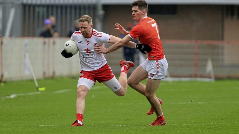 Tyrone&#39;s Frank Burns up against Armagh&#39;s Jarly Og Burns in Saturday&#39;s Dr McKenna Cup game at Healy Park. Picture Seamus Loughran 