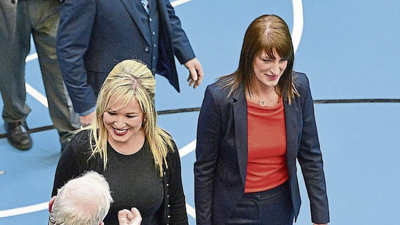 Sinn F&eacute;in's northern leader Michelle O&rsquo;Neill walks through the count hall in Ballymena with colleague Linda Dillon. Picture by Arthur Allison, Pacemaker