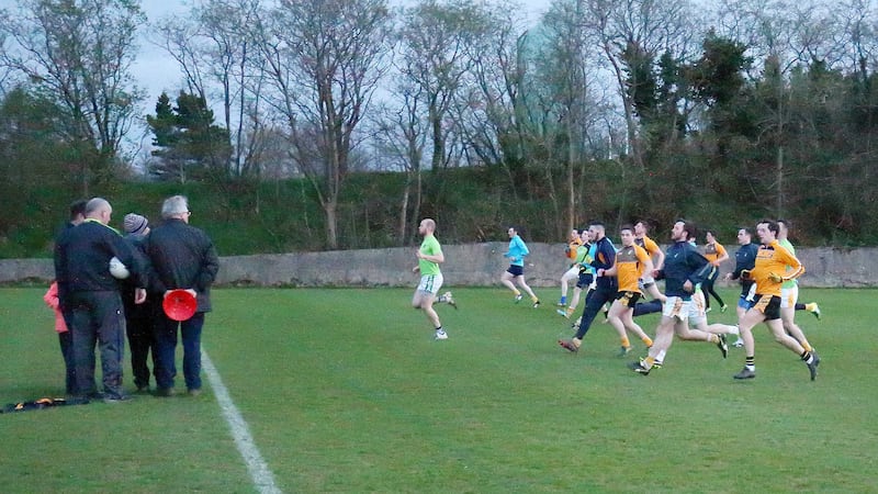 Antrim's senior footballers are put through their paces at the Dub in Belfast on Monday night<br />Picture by Cliff Donaldson &nbsp;