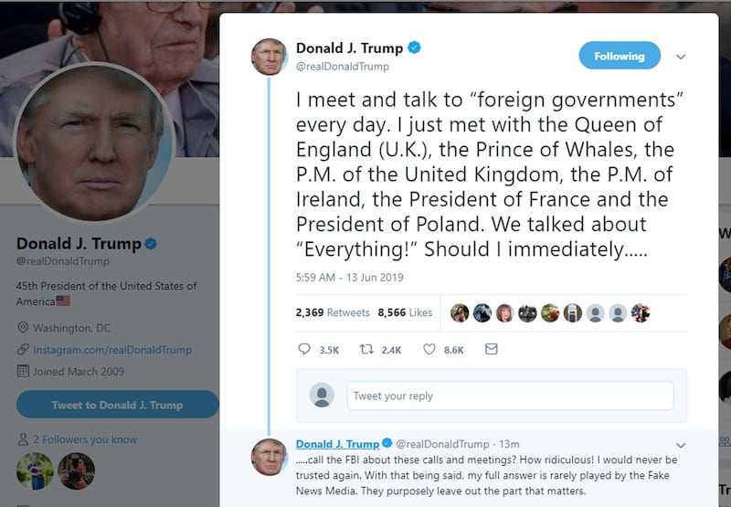 The Tweet sent by US President Donald Trump in which he refers to the Prince of Wales as the Prince of Whales