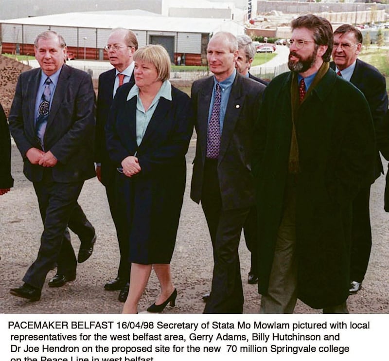 Secretary of State Mo Mowlam pictured with west Belfast representatives Gerry Adams, Billy Hutchinson and Dr Joe Hendron on the proposed site for the &pound;71 million Springvale educational village 