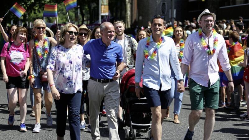 Former president Mary McAleese, pictured with her husband Martin (second left) and her son Justin (second right) and his husband Fionan (right) during the 2018 Pride Parade in Dublin, is an outspoken critic of Vatican teaching on homosexuality. She has given her support to a new study which calls Pope Francis to urgently change Catholic teaching. Picture by Brian Lawless/PA Wire 