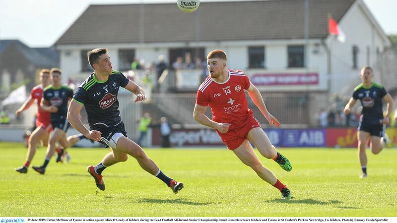 Tyrone's Cathal McShane in action against Mick O'Grady of Kildare during Saturday's Qualifier at St Conleth's Park in Newbridge<br />Picture by Sportsfile&nbsp;