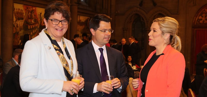 DUP leader Arlene Foster and Sinn F&eacute;in's leader in the north Michelle O'Neill with Secretary of State James Brokenshire attend the Ulster fry breakfast at Manchester Town Hall during the Conservative Party Conference at the Manchester Central Convention Complex&nbsp;