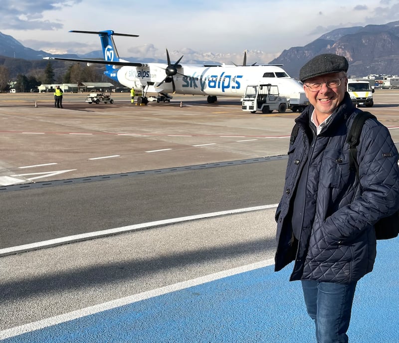 Chris Wiltshire prepares to board the new SkyAlps flight between Bolzano, northern Italy and Stansted