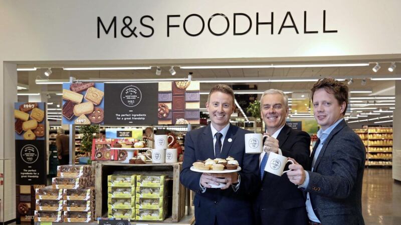 Genesis Crafty managing director, Brian McErlain, (centre) and JP Lyttle, commercial director (right) launch the new small cake lines at M&amp;S Sprucefield with Ryan Lemon, M&amp;S head of region Northern Ireland (left). Picture by Darren Kidd/ Press Eye 