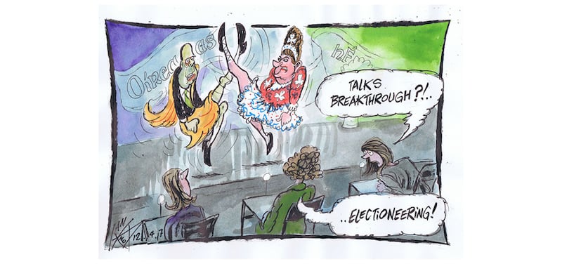 Ian Knox cartoon 12/4/17: Good Friday disagreement still clogs progress at Stormont while at the Waterfront Hall all is joy and colour&nbsp;