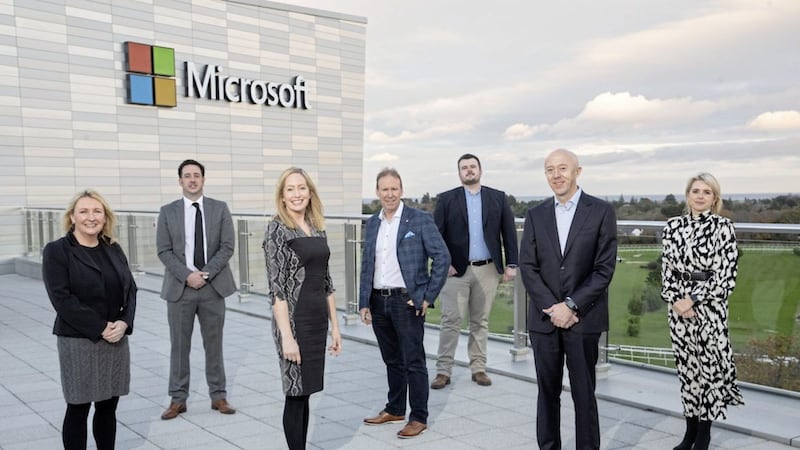 Pictured at One Microsoft Place in Dublin are (from left) are Siobhan Brennan (Version 1), Paul Chawke and Aisling Curtis (Microsoft Ireland) and Brendan McGettrick, Barry Clifford, Tom O&rsquo;Connor and Olivia Carroll (all Version 1) 