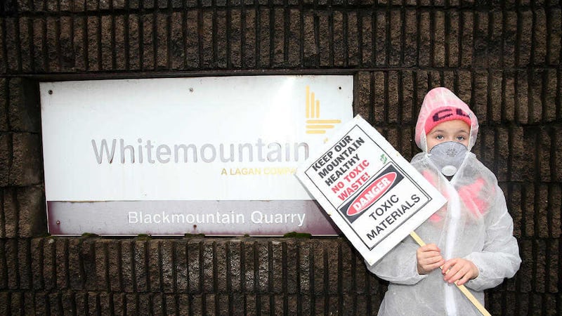 Protesters outside the Blackmountain Quarry on the Upper Sprinfield Road in west Belfast, where the owners have applied for planning permisson to dump 300 tonnes of asbestos per year. Picture by Mal McCann. 