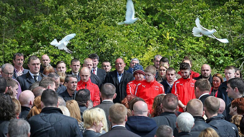 White doves are released at the funeral of Eamonn Magee jnr in St Joseph&#39;s Cemetery, Hannahstown Picture Mal McCann. 