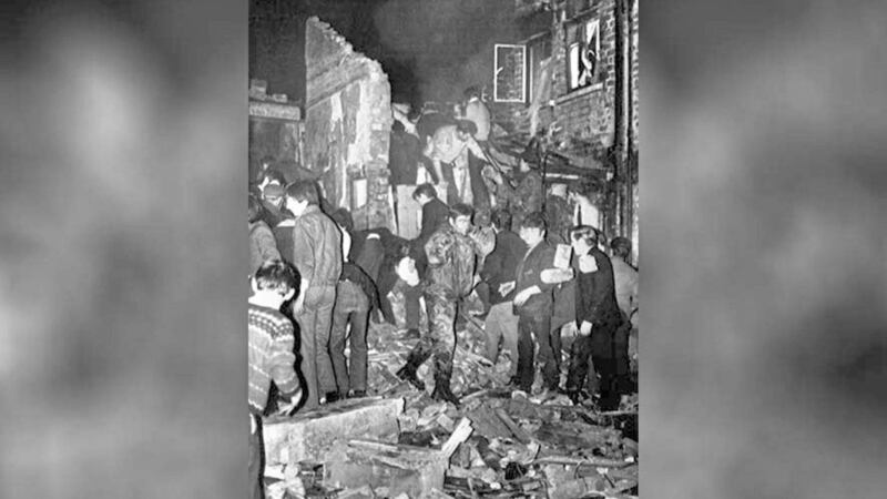 The aftermath of the bomb blast at McGurk&#39;s bar in North Queen Street, Belfast, in 1971 
