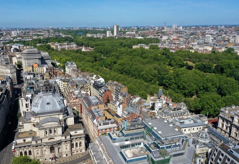 An aerial view of London showing Buckingham Palace and St James’s Park, the Ministry of Justice on Tothill Street, Methodist Central Hall and Matthew Parker Street (bottom left) and the Queen Elizabeth II Centre (bottom right) 