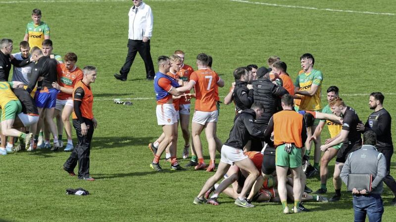 Donegal and Armagh fight on the final whistle during the National Football League Division 1 match played at O&#39;Donnell Park, Letterkenny on Sunday. Picture by Margaret McLaughlin. 