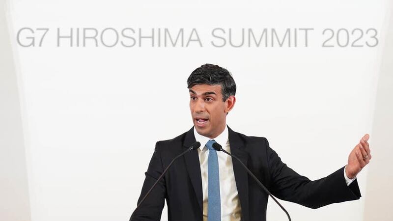 Prime Minister Rishi Sunak at a press conference at the International Conference Centre during the G7 Summit in Hiroshima, Japan. Picture date: Sunday May 21, 2023.