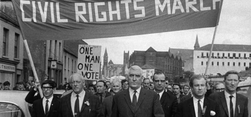 &nbsp;MPs Paddy Devlin and Gerry Fitt and civil rights leader Ivan Cooper at the head of the October 5 march in Derry in 1968. Image from RT&Eacute;