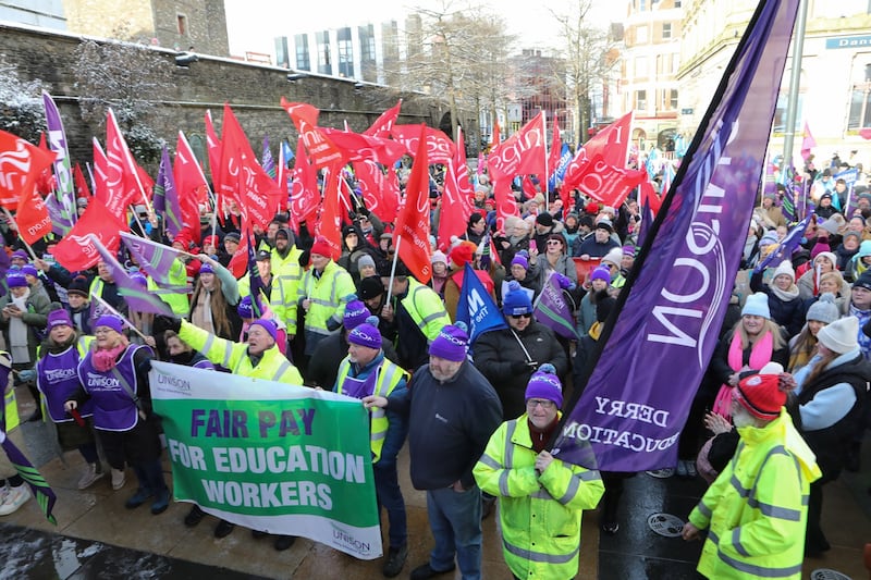 Public sector workers in the march to Guildhall Square in Derry. PICTURE: MARGARET MCLAUGHLIN
