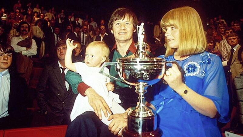 Alex Higgins celebrates winning the World Championship in 1982 with wife Lynn and daughter Lauren 