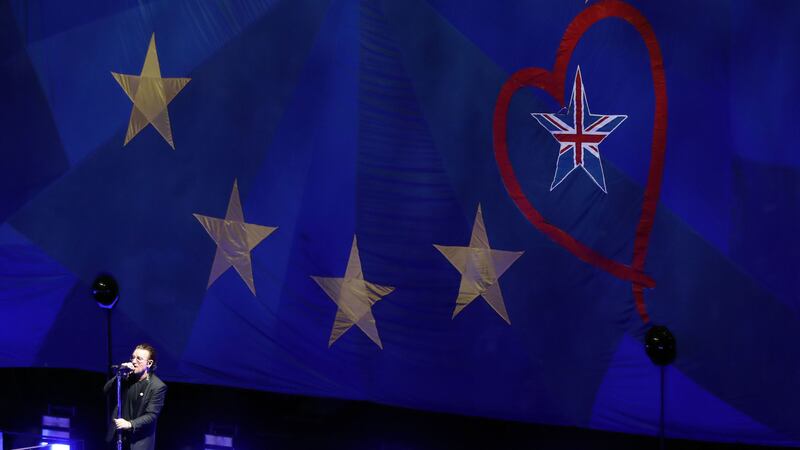 The U2 singer stood in front of a huge EU-style flag and hailed London as ‘still a great European city’.