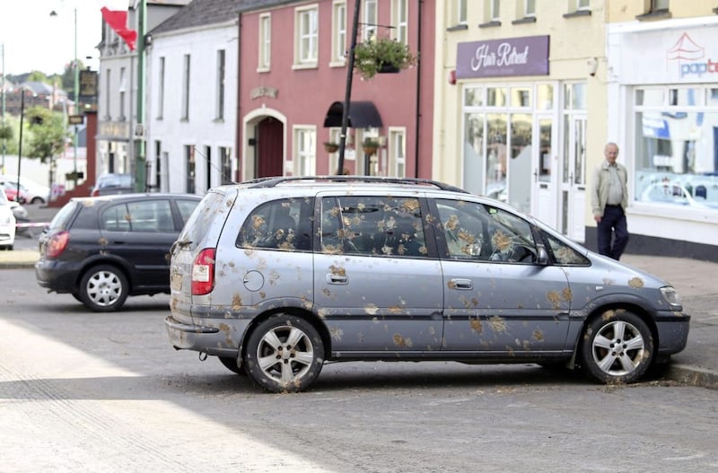 Cars covered in waste in Aughnacloy, Co Tyrone Picture Mal McCann.