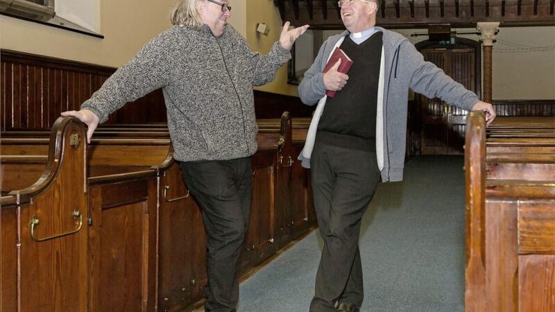 Rev Steve Stockman, pictured left, minister of Fitzroy Presbyterian Church in south Belfast and Fr Martin Magill, parish priest of St John&#39;s Church in the west of the city, co-founded the 4 Corners Festival. Picture by Bernie Brown 