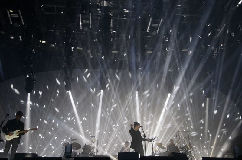 Radiohead performing on the Pyramid Stage at the Glastonbury Festival