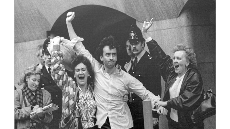 Gerry Conlon emerges from the Old Bailey Court in London after the Guildford Four are were released in 1989. Picture by Hugh Russell.  