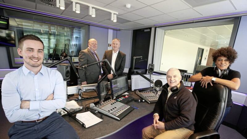 Pictured in the new U105 studio are (from left) Eoin King, project manager for Graham; Peter McVerry, U105 station manager; Kenny Gardner, contracts director at Graham; and U105 presenters Frank Mitchell and Carolyn Stewart. Photo: Matt Mackey/PressEye 