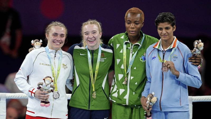 Gold medallist Amy Broadhurst with, from left, England&#39;s Gemma Richardson, Nigeria&#39;s Cynthia Ogumsemilor and India&#39;s Jaismine Jaismine during yesterday&#39;s Commonwealth Games medal ceremony in Birmingham. Picture by PA 