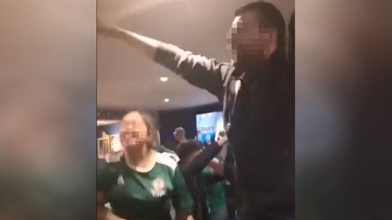 A still from the video in which people wearing Northern Ireland replica shirts are heard singing &quot;We hate Catholics&quot;&nbsp;