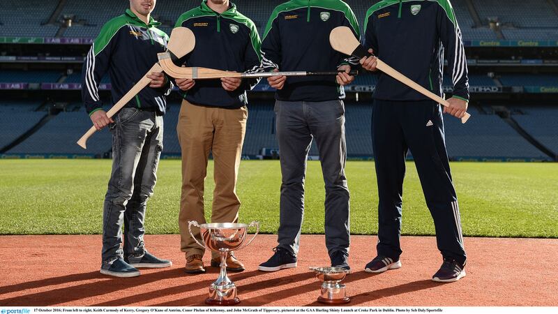 Keith Carmody (Kerry), Gregory O&rsquo;Kane (Antrim), Conor Phelan (Kilkenny) and John McGrath (Tipperary) pictured at the Hurling/Shinty International launch at Croke Park in Dublin &nbsp;
