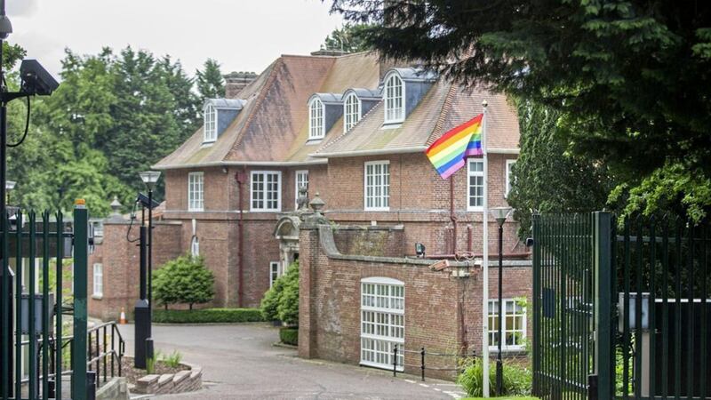 The rainbow flag flying at Stormont House in Belfast to mark the city&#39;s Pride festival last year 