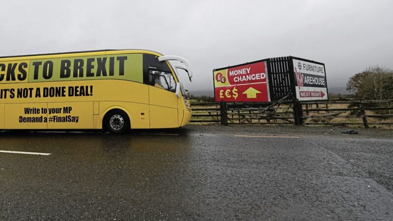 The &#39;B*****ks to Brexit&#39; campaign bus crosses the border from Ravensdale in Co Louth into Northern Ireland PICTURE: Niall Carson/PA 