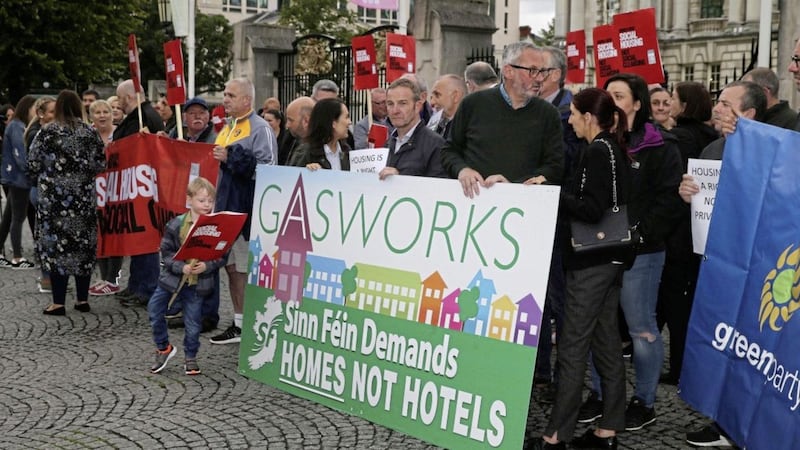 Homes Now protest outside Belfast City Hall Picture by Hugh Russell. 